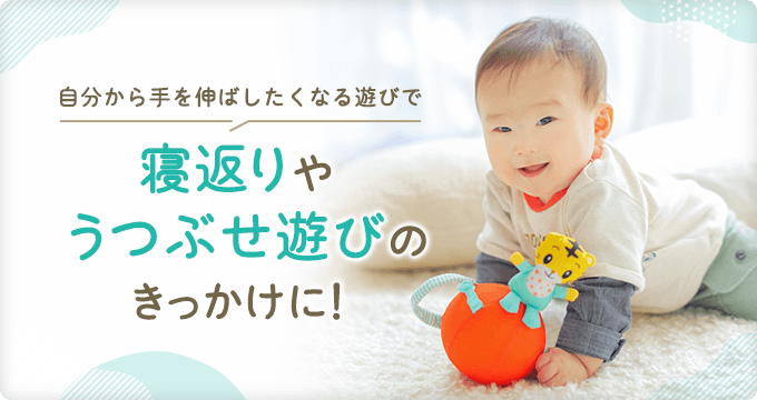 おきあがりこぼしを見て自分から手を伸ばしたくなり、寝返りやうつぶせ遊びのきっかけになる！
